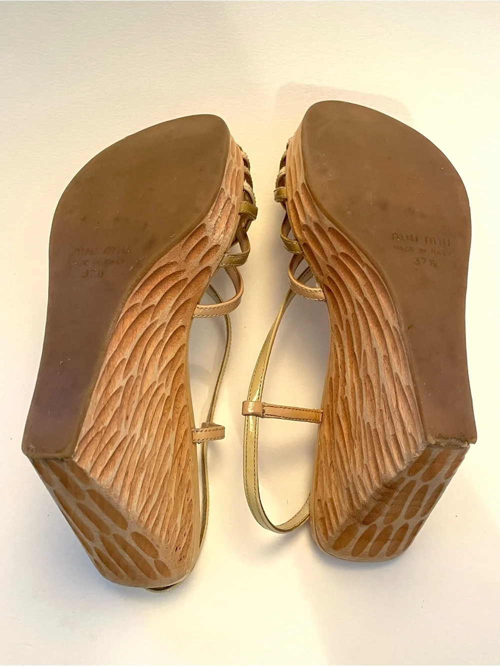 Vintage Miu Miu Wood Carved Strappy Sling Back Wedges